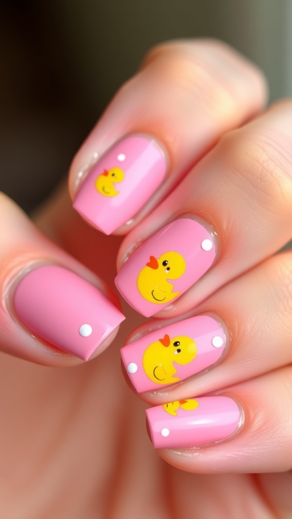 Pink Duck Nail Art Design Close-up of pink duck nail art design with playful motifs on a soft pink background.